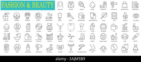 Set di icone Web di moda e bellezza con design sottile. Confezione di profumo, parrucchiere, manicure, salone, atletica, aumento delle labbra, crema per la pelle Illustrazione Vettoriale
