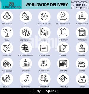 Icone di consegna in tutto il mondo – 25 simboli vettoriali modificabili per spedizione, logistica, carico, magazzino, consegna rapida, e altro ancora per applicazioni ed etichette Illustrazione Vettoriale