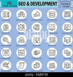 Set di icone SEO & Marketing Business. Traccia modificabile. 48 x 48 pixel Perfect. Ottimizzazione dei motori di ricerca. Internet, e-commerce. Illustrazione Vettoriale