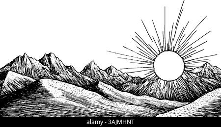Un'illustrazione in bianco e nero di montagne con un grande sole che sorge dietro di loro, con raggi che si estendono verso l'esterno. La scena cattura un paesaggio sereno e maestoso. Illustrazione Vettoriale