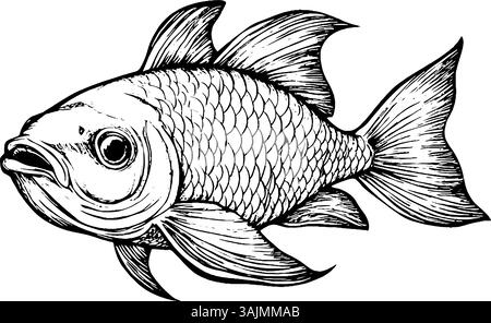 Un'illustrazione dettagliata di un pesce rosso, che mostra le sue scaglie e pinne in uno stile realistico. Il pesce è raffigurato nuotare a destra, con una bocca leggermente aperta e occhi espressivi. Illustrazione Vettoriale