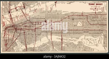 Questa e' una riproduzione migliorata e restaurata di una mappa storica del 1917 di New York City, che evidenzia specificamente la Columbia University a Broadway e la 116th Street. Titolo originale: Columbia University nella città di New York. Raffigura Manhattan e parti dei quartieri circostanti, mostrando le strade principali, le linee della metropolitana e dei treni sopraelevati e le rotte dei traghetti. Central Park è ben visibile al centro, e altri luoghi di interesse come l'East River, il fiume Hudson e isole come Blackwell's Island (ora Roosevelt Island) e Ward's Island sono etichettati. La mappa enfatizza i percorsi di trasporto. Foto Stock