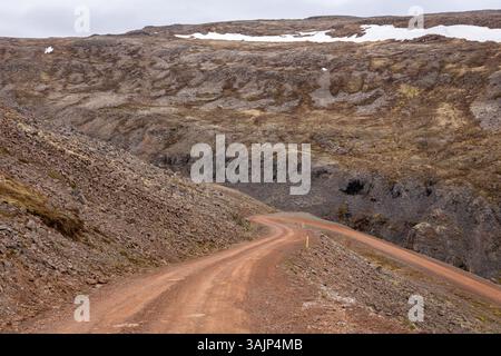 Strada tortuosa che attraversa le aspre montagne coperte di neve a Patreksfjordur, Westfjords, Islanda. Foto Stock