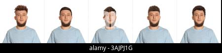 Uomo con diverse acconciature su sfondo bianco, collage di ritratti Foto Stock