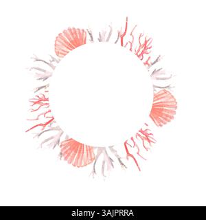 Cornice rotonda ad acquerello fatta di coralli e conchiglie Foto Stock