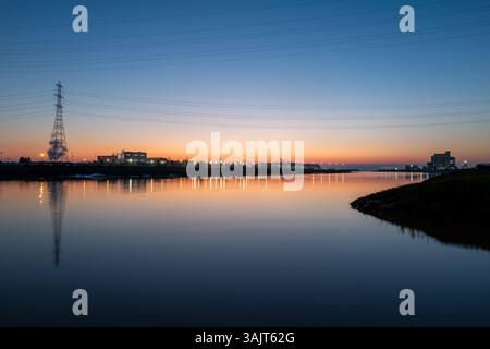 Tramonto sul fiume Avon guardando verso Portbury Docks, Bristol UK Foto Stock