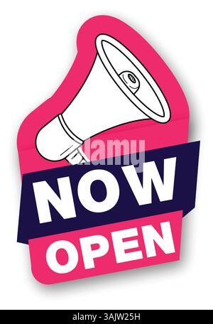 Ora apri etichetta con icona megafono Illustrazione Vettoriale