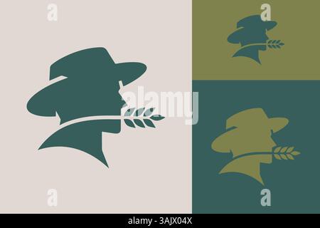 Profilo astratto Farmer con cappello e logo agricolo di qualità del grano Illustrazione Vettoriale