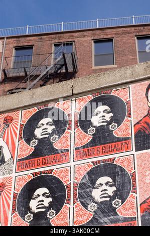 17 febbraio 2009 - Quincy, Massachusetts, Stati Uniti - opere d'arte di Shepard Fairey incollate su un muro nel quartiere di Fort Point a South Boston. Fairey, che ha iniziato come artista di strada con un background nello skateboard, ha visto la sua fama e notorietà accelorare di recente con il suo famoso design "Obama Hope", utilizzato come poster nella campagna elettorale di Barack Obama. Lo stesso design ha abbellito la copertina di Time Magazine e da allora è stato acquistato dalla National Portrait Gallery degli Stati Uniti per la loro collezione permanente. Fairey, laureato alla Rhode Island School of Design di Providence, ha guadagnato notorietà in Foto Stock