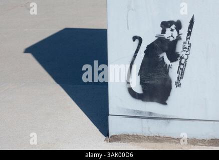 17 febbraio 2009 - Quincy, Massachusetts, Stati Uniti - Rat con lanciatore RPG opere d'arte incise a Boston, Massachusetts, dall'ignoto Street artist britannico Banksy. Originario di Bristol, e finora riuscito a nascondere la sua identità al pubblico, Banksy ha sviluppato un seguito di culto per i suoi graffiti satirici che prende in giro il capitalismo dilagante, l'imperialismo americano, la cultura delle celebrità e l'etica discutibile. Ironia della sorte per un'icona della controcultura, la sua arte è ora molto richiesta dalle migliori gallerie di tutto il mondo, elevando così la sua carriera artistica nel mainstream. (Immagine di credito: © Seamas C Foto Stock