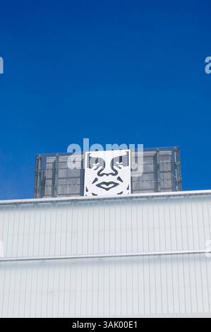 17 febbraio 2009 - Quincy, Massachusetts, Stati Uniti - opere d'arte di Shepard Fairey incollate su un muro nel quartiere di Fort Point a South Boston. Fairey, che ha iniziato come artista di strada con un background nello skateboard, ha visto la sua fama e notorietà accelorare di recente con il suo famoso design "Obama Hope", utilizzato come poster nella campagna elettorale di Barack Obama. Lo stesso design ha abbellito la copertina di Time Magazine e da allora è stato acquistato dalla National Portrait Gallery degli Stati Uniti per la loro collezione permanente. Fairey, laureato alla Rhode Island School of Design di Providence, ha guadagnato notorietà in Foto Stock