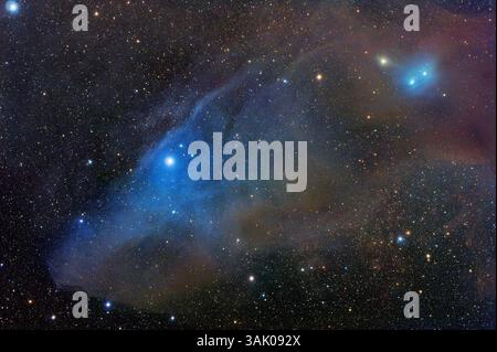 Nebulosa a riflessione (IC 4592), immagine ottica. IC 4592 è una nebulosa a riflessione a forma di testa di cavallo (blu, sinistra); a destra è una nebulosa a riflessione più piccola IC 4601. Le nebulose a riflessione sono costituite da nuvole di polveri sottili e gas che riflettono la luce delle stelle vicine luminose. Appaiono blu come luce blu a lunghezza d'onda corta che si diffonde più del rosso. Nel caso di IC 4592, la stella all'occhio del cavallo è la fonte di gran parte della luce. Questa stella fa parte di Nu Scorpii, un sistema stellare luminoso nella costellazione dello Scorpio, e si trova a circa 450 anni luce dalla Terra. Foto Stock