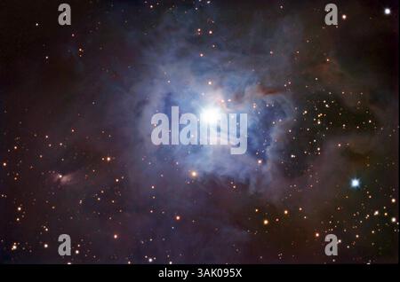 Nebulosa dell'iride (NGC 7023). Si tratta di un'enorme nuvola di gas e polvere che circonda un'enorme stella neonata (bianca, al centro). Il gas e la polvere non emettono la propria luce, ma risplendono riflettendo la luce della stella. Tali nebulose riflettenti sono tipicamente di colore blu, in quanto la luce blu è diffusa in modo più efficace del rosso. La nebulosa Iris si trova a circa 1300 anni luce dalla Terra nella costellazione Cefeo. Foto Stock