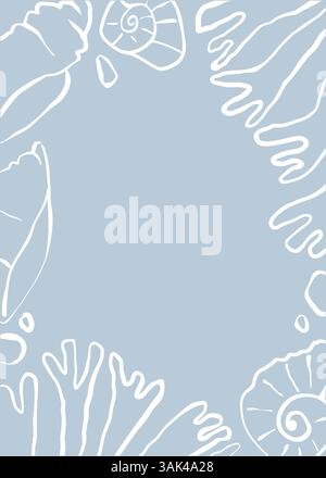 Telaio marino disegnato a mano con alghe, conchiglie e bolle. Doodle vettoriale bianco su blu chiaro Illustrazione Vettoriale