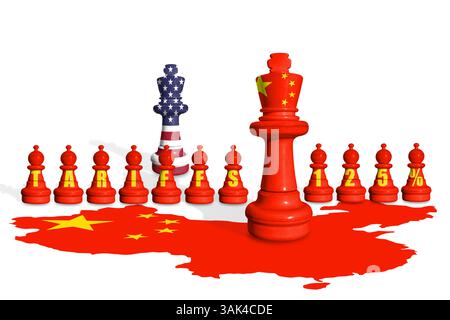 Scacchi fatti con bandiere USA e Cina. Guerra commerciale, doganale e tariffaria TRA STATI UNITI e Cina Foto Stock
