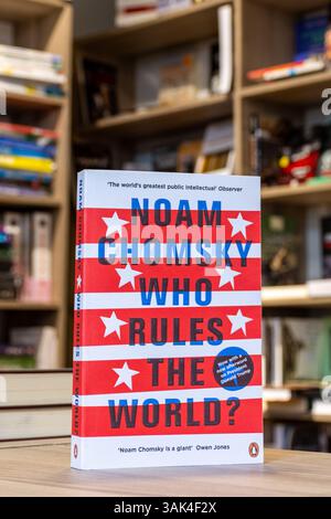 Primo piano del libro Who Rules the World di Noam Chomsky in libreria. Foto Stock
