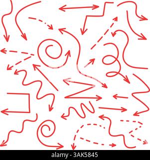 Set di frecce rosse disegnate a mano con Curve e spirali su sfondo bianco Illustrazione Vettoriale