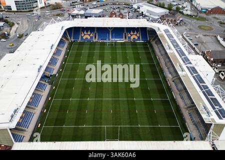 Veduta aerea dell'Halliwell Jones Stadium davanti alla partita del settimo round del Betfred Super League Warrington Wolves vs Hull FC all'Halliwell Jones Stadium, Warrington, Regno Unito, 12 aprile 2025 (foto di Gareth Evans/News Images) Foto Stock