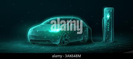 EV. Auto elettrica collegata alla stazione di ricarica. Eco Power, caricabatterie EV Illustrazione Vettoriale