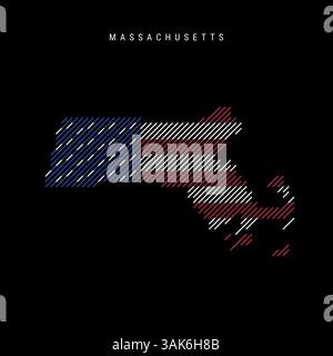 Mappa della silhouette tratteggiata dello stato del Massachusetts degli Stati Uniti con linee parallele inclinate nei colori della bandiera americana, mappa stilizzata testurizzata. Illu vettoriale Illustrazione Vettoriale