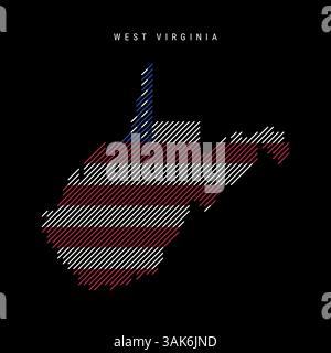 Mappa della sagoma tratteggiata dello stato del West Virginia con linee parallele inclinate nei colori della bandiera americana, mappa stilizzata testurizzata. Illu vettoriale Illustrazione Vettoriale