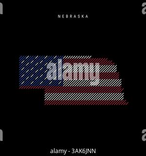 Nebraska, mappa della silhouette tratteggiata dello stato degli Stati Uniti, con linee parallele inclinate nei colori della bandiera americana, mappa stilizzata testurizzata. Illustrazione vettoriale Illustrazione Vettoriale