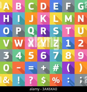 Alfabeto piatto vettoriale con simboli e lettere su sfondi dai colori vivaci, riempie lo stile con una lunga ombra Illustrazione Vettoriale
