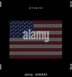 Mappa della silhouette tratteggiata dello stato americano del Wyoming con motivi a linee parallele inclinate nei colori della bandiera americana, mappa stilizzata testurizzata. Illustrati vettoriali Illustrazione Vettoriale