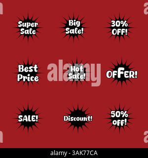 Etichette Burst di vendita promozionali con offerte di sconto impostate su sfondo blu – grafica marketing promozionale Illustrazione Vettoriale