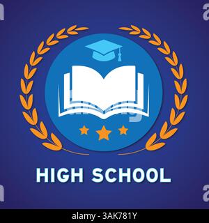 Emblema della scuola superiore moderna con cappello di laurea e design alloro Illustrazione Vettoriale