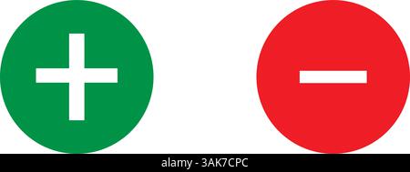 Aggiungere e rimuovere le icone dei pulsanti rotondi. Simboli circolari più e meno per la progettazione dell'interfaccia utente e l'illustrazione vettoriale. Illustrazione Vettoriale