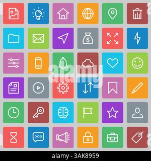 Icone dei social network in luminosi quadratini multicolori con angoli arrotondati, in stile tratto per design, siti Web e Web Illustrazione Vettoriale