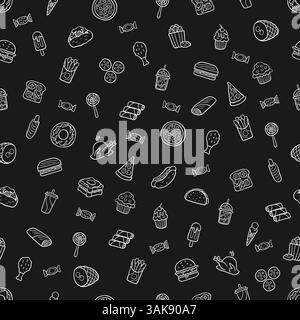 Fast food senza cuciture con motivo a scrawl in un profilo piatto che raffigura hot dog, salsicce, pizza, hamburger e pollo alla griglia Illustrazione Vettoriale