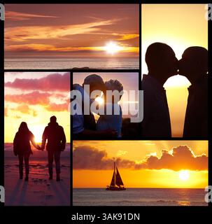 Coppia, oceano e tramonto si baciano in una silhouette romantica, per amore, viaggio e legame. Uomo, donna e abbraccio al collage serale sulla spiaggia per Foto Stock
