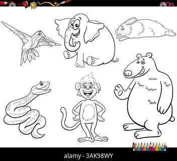 Illustrazione dei cartoni animati di Funny Animals fumetti pagina di colorazione della collezione di personaggi animali Illustrazione Vettoriale