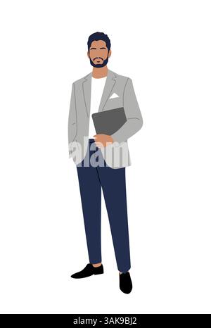 Uomo d'affari in abiti casual in piedi con un computer portatile Illustrazione Vettoriale