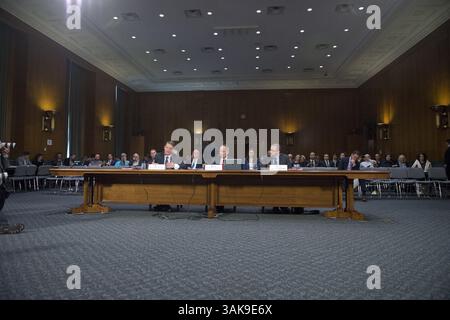 30 marzo 2017 - Washington, District of Columbia, Stati Uniti d'America - la Commissione di selezione del Senato degli Stati Uniti sull'intelligence conduce un'audizione aperta dal titolo "disinformazione: Un primer in Russian Active Measures and Influence Campaigns" a Capitol Hill a Washington, DC giovedì 30 marzo 2017. Testimonianze da sinistra a destra: Kevin Mandia, Chief Executive Officer, FireEye; il generale dell'esercito americano (in pensione) Keith B. Alexander, ex direttore dell'Agenzia per la sicurezza nazionale (DIRNSA), ex capo del servizio di sicurezza centrale (CHCSS) ed ex comandante del Cyber Command degli Stati Uniti, e c Foto Stock