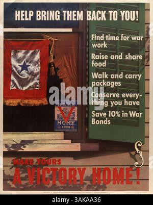 Un poster dell'era della seconda guerra mondiale che incoraggiava gli sforzi di homefront con un focus sulla raccolta di cibo, sulla conservazione delle risorse e sul sostegno dei legami di guerra, promuovendo una campagna "Victory Home". Foto Stock