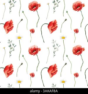 Motivo senza cuciture con fiori selvatici in stile acquerello. Papavero, camomilla ed erbe su sfondo bianco. Illustrazione botanica digitale. Stampa per qualsiasi Foto Stock