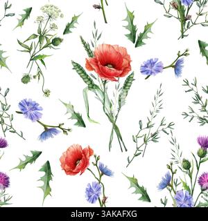 Motivo senza cuciture con fiori selvatici in stile acquerello. Papavero, cicoria ed erbe su sfondo bianco. Illustrazione botanica digitale. Stampa per qualsiasi tipo Foto Stock