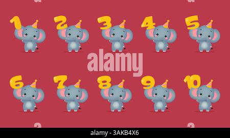 Carino set di elefanti con numeri di anniversario da 1 a 10 illustrazioni vettoriali. Illustrazione Vettoriale