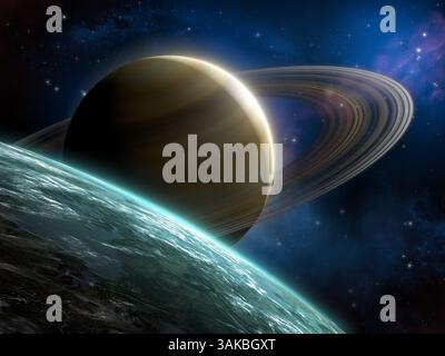 Il panorama spaziale include un pianeta blu e un pianeta ad anello. Illustrazione digitale. Foto Stock