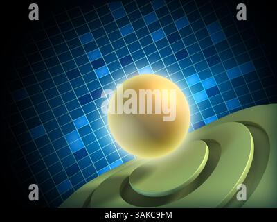 Sfondo ad alta tecnologia con una sfera luminosa e una superficie deformata. Illustrazione digitale Foto Stock