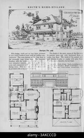 Keith's Home-Builder di Walter J. Keith, pubblicato per la prima volta nel 1900, presenta numeri mensili con illustrazioni, fotografie e planimetrie dettagliate delle case. La rivista copre una varietà di stili architettonici, costi di costruzione e descrizioni di design. Include articoli sulla costruzione di case, decorazioni d'interni e design del paesaggio, con alcune edizioni che presentano piani per chiese e scuole. Foto Stock