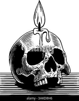Illustrazione incisa di cera che gocciola la candela sul cranio per un design gotico o halloween. Illustrazione Vettoriale
