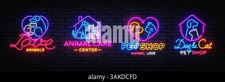 Collezione di disegni di logo per animali domestici con temi per cani, gatti, neon, animali e negozi, con testi come Love Animals e PET Shop. Illustrazione Vettoriale