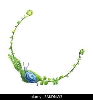 Ghirlanda di piante forestali. Vegetazione botanica con lumache, con sfumature verdi e blu. Acquerelli disegnati a mano isolati su sfondo trasparente. Biopfilo Foto Stock