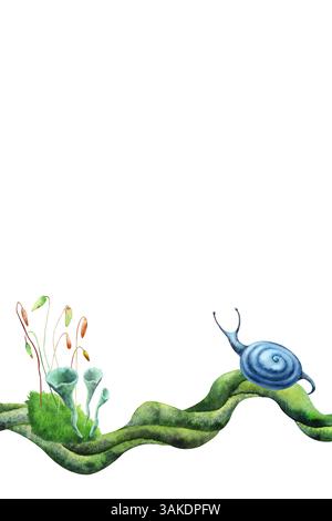 Striscione di piante forestali. Vegetazione botanica con lumache, con sfumature verdi e blu. Acquerelli disegnati a mano isolati su sfondo trasparente. Biopfilo Foto Stock