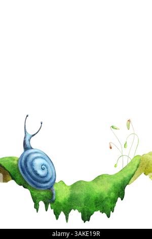 Striscione di piante forestali. Vegetazione botanica con lumache, con sfumature verdi e blu. Acquerelli disegnati a mano isolati su sfondo trasparente. Biopfilo Foto Stock