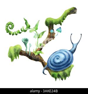 Graziosa lumaca blu asintatta su un muschio verde con un albero di felce e bassi funghi della foresta. Acquerelli disegnati a mano isolati su sfondo bianco. Biopfilo Foto Stock